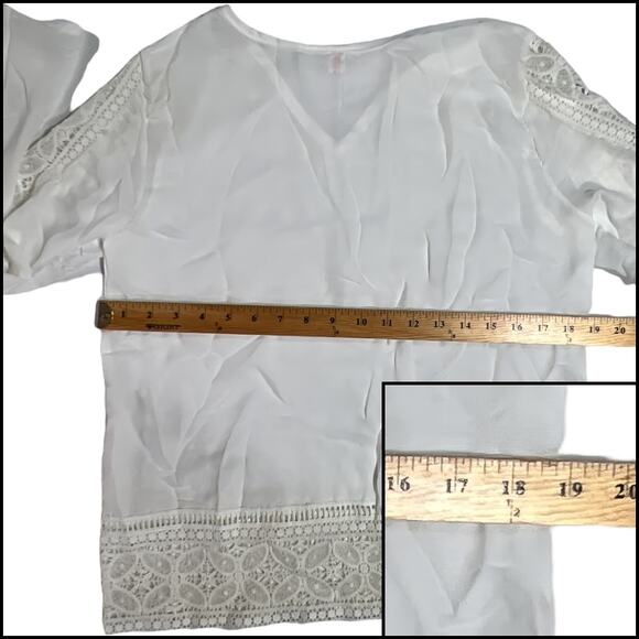 Exquisite Semi-Sheer Tunic Top Lace Bell Sleeves V-Neck White - Picture 12 of 13